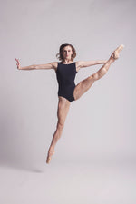 Sarah leotard- Black v-neck with tank top back high leg cut, By worldwide Ballet, full front view
