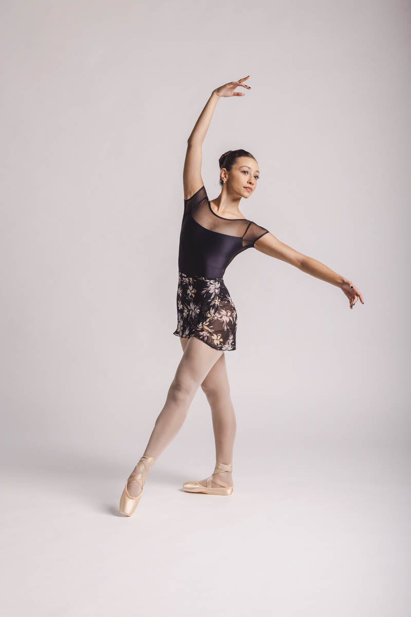 The olivia Ballet Skirt, wrap floral skirt -Black With Colorful medium Floral Print Fabric