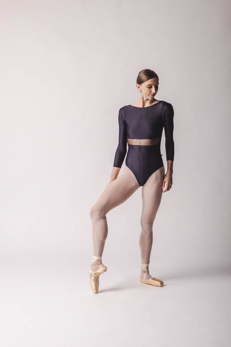 Elle Leotard, color: Black. stunning 3/4 sleeve leotard features a high boatneck, and a mesh band around the waistline. By worldwide Ballet
