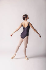 Claire Leotard, Color: Black Features a sleek and contouring design, a velour bust panel and boat neck, V-back and a tank silhouette. By worldwide Ballet full back view