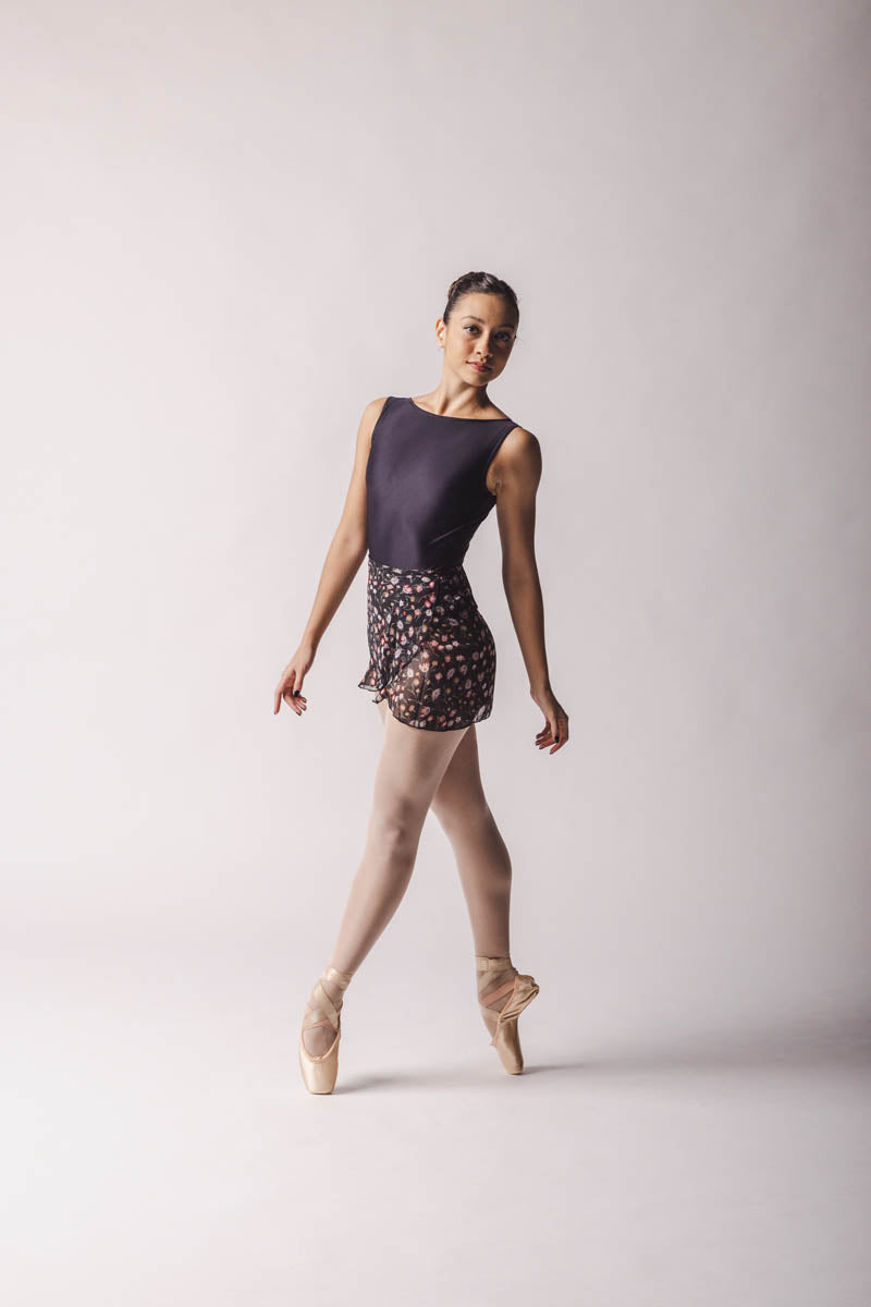 Emma ballet skirt in black chiffon fabric with a print of small flowers