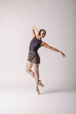 Sarah leotard- Black v-neck with tank top back high leg cut, By worldwide Ballet-front view