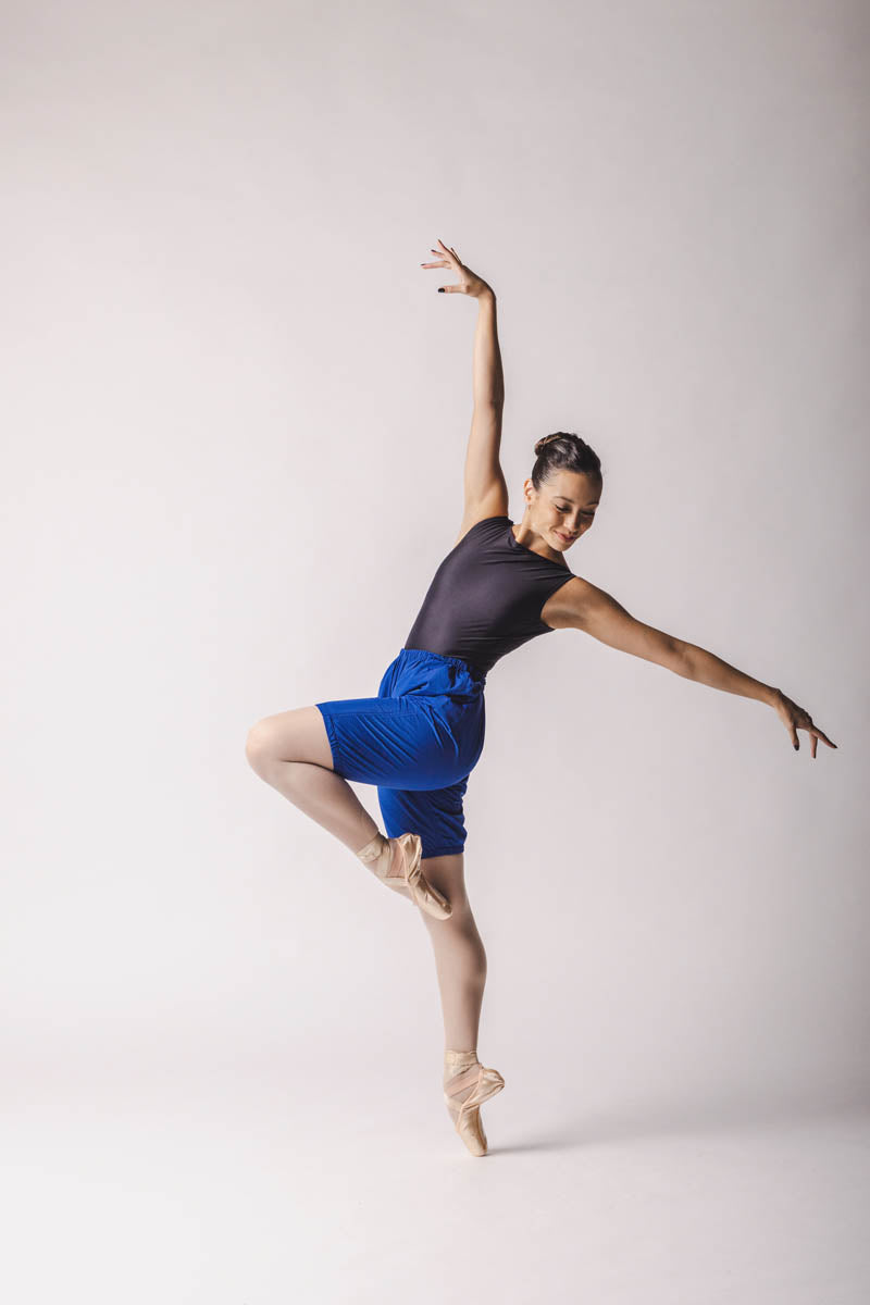 The dancer is wearing shorts trashbag pants in Royal Blue, by worldwide ballet