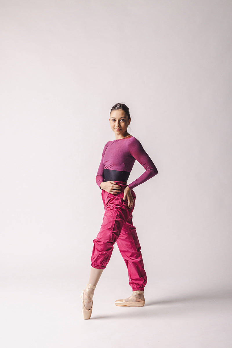 Trash Bag Pants, The Dancer is wearing trash bag pants Color :Rich Fuchsia, crop top color: rich Fuchsia, By WorldWide Ballet