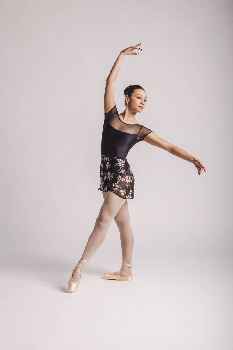 The olivia  Ballet Skirt, wrap floral skirt -Black With Colorful medium Floral Print Fabric