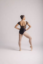 Zoe Leotard, Color: Black, cap sleeves leotard features a mesh panel. By WorldWide Ballet