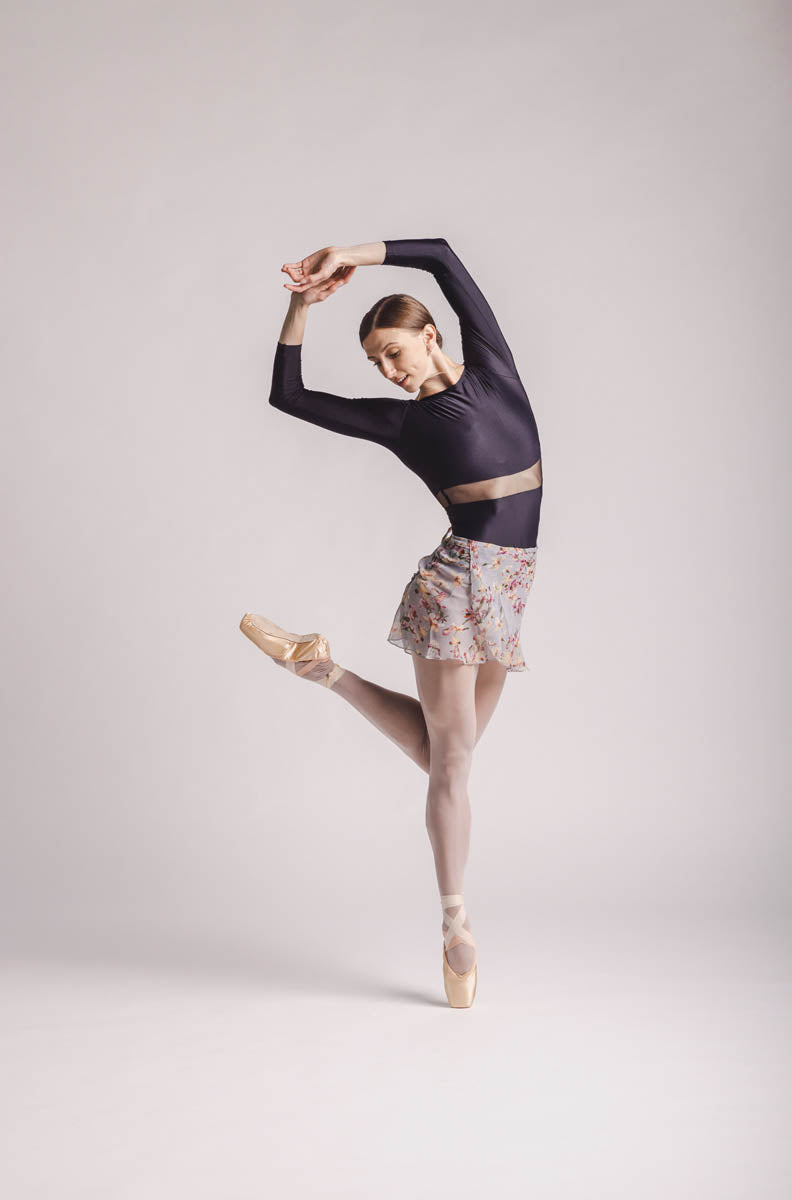 Sophia Ballet Skirt, wrap floral skirt - made from a semi-transparent chiffon, Floral skirt in a light blue shade with a print of colorful flowers By worldwide Ballet