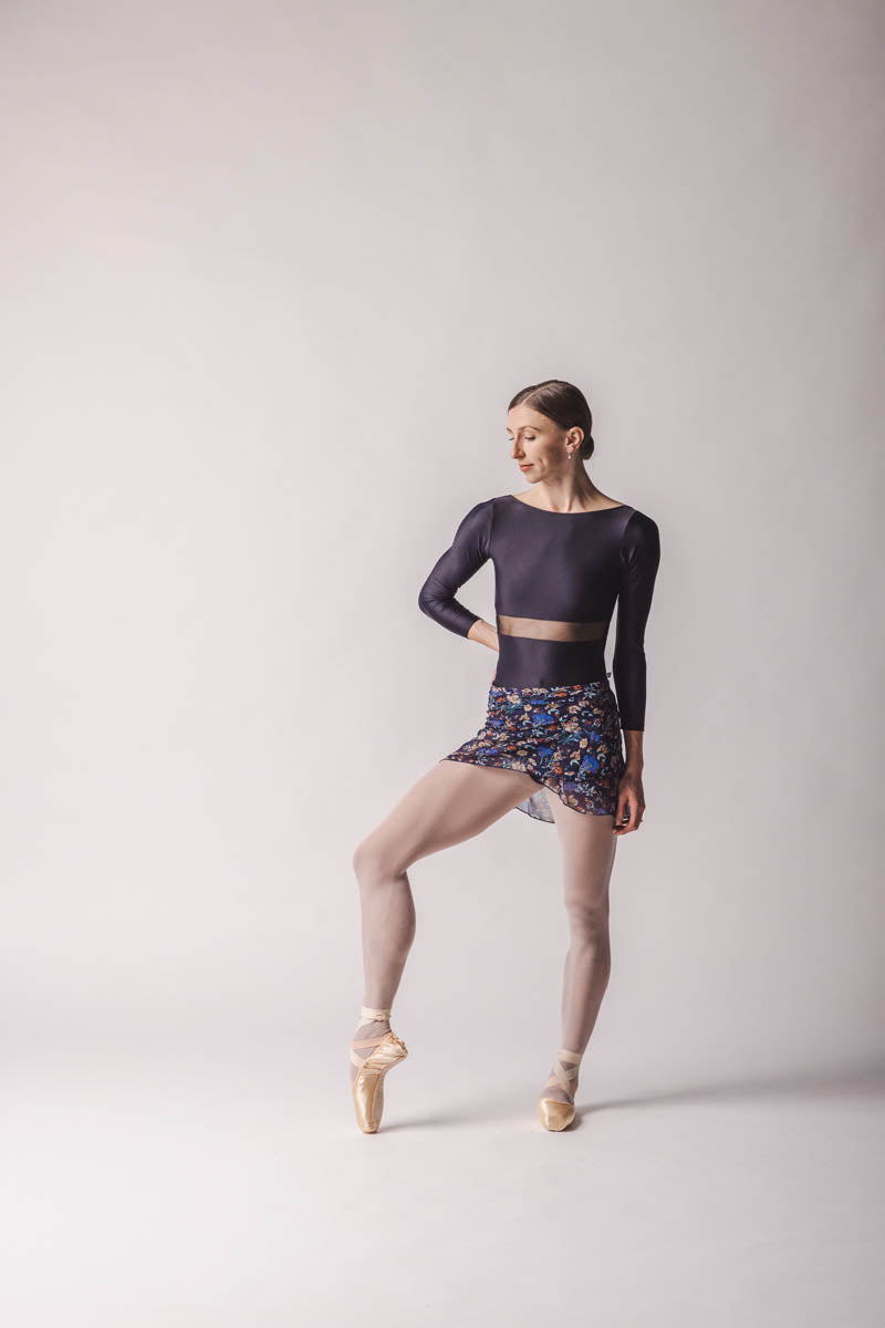 Lily ballet skirt, wrap floral skirt ,Botanical floral chiffon crepe fabric in navy blue small printed flowers