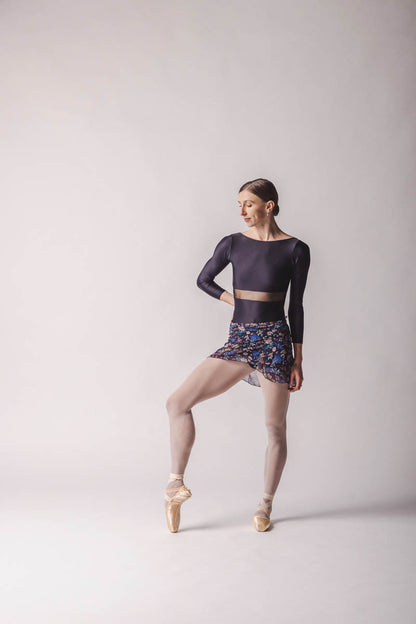 Lily ballet skirt, wrap floral skirt ,Botanical floral chiffon crepe fabric in navy blue small printed flowers
