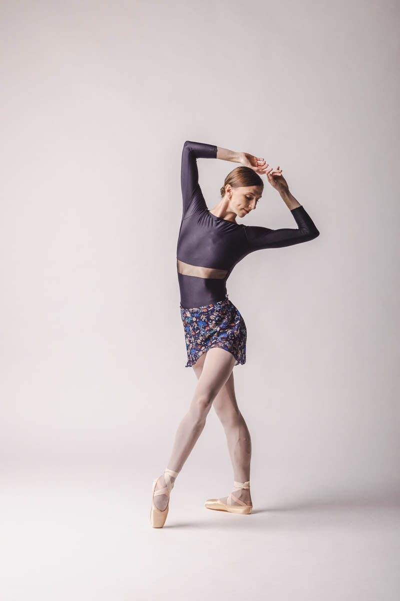 Lily ballet skirt, wrap floral skirt ,Botanical floral chiffon crepe fabric in navy blue small printed flowers